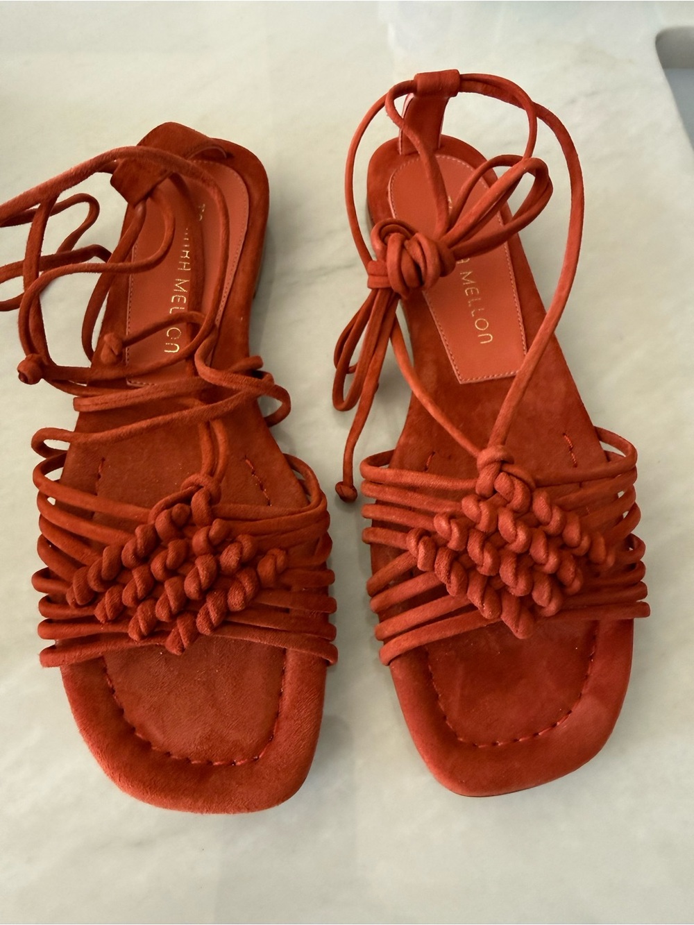 Tamara Mellon Rust Red Knotted Lace-Up Suede Sandals